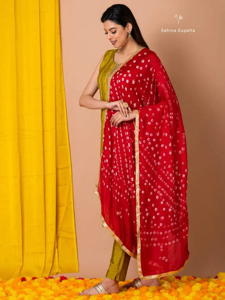 Silky Red Chunari Dupatta for Women – Traditional Bandhani Print with Golden Border | Festive & Ethnic Wear Dupatta by Sahina Dupatta