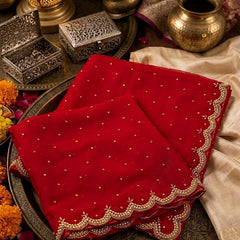 Red Net Bridal Dupatta with Scalloped Cut Work Border