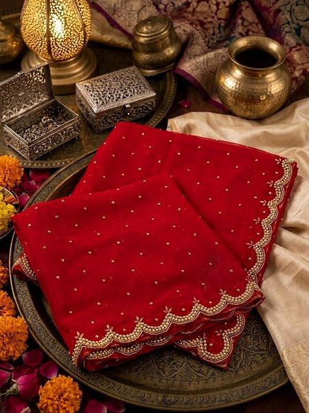 Red Net Bridal Dupatta with Scalloped Cut Work Border