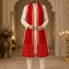 Men's Red Cotton Chanderi Sherwani Dupatta with Golden Woven Border