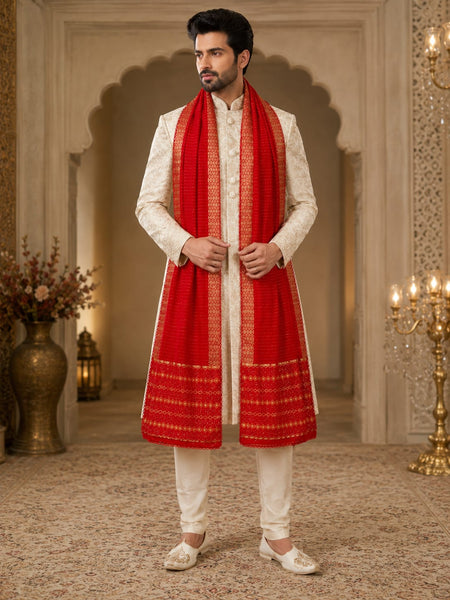 Men's Red Cotton Chanderi Sherwani Dupatta with Golden Woven Border