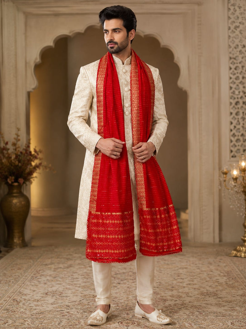 Men's Red Cotton Chanderi Sherwani Dupatta with Golden Woven Border