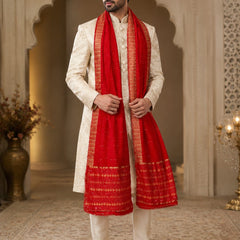 Men's Red Cotton Chanderi Sherwani Dupatta with Golden Woven Border