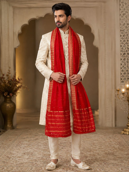 Men's Red Cotton Chanderi Sherwani Dupatta with Golden Woven Border