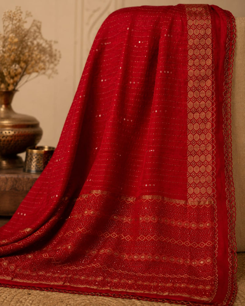 Men's Red Cotton Chanderi Sherwani Dupatta with Golden Woven Border