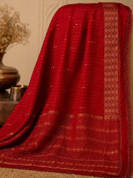 Men's Red Cotton Chanderi Sherwani Dupatta with Golden Woven Border
