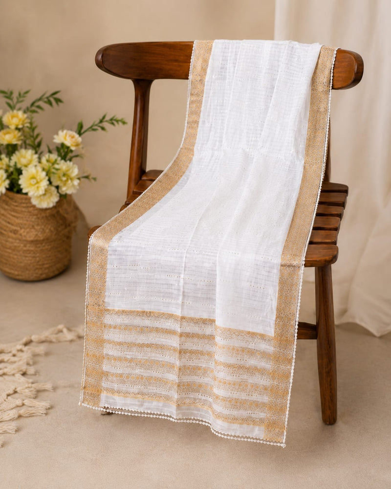 White Cotton Chanderi Border Dupatta for Women