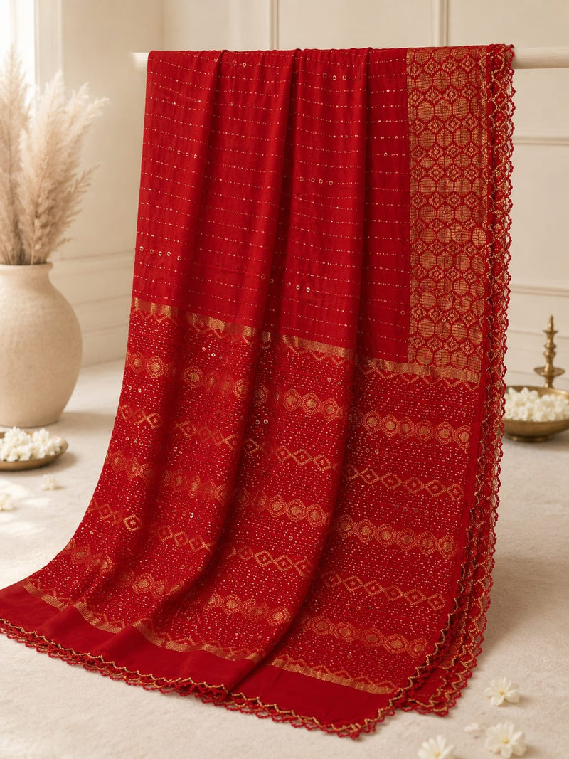 Men's Red Cotton Chanderi Sherwani Dupatta with Golden Woven Border