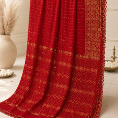 Men's Red Cotton Chanderi Sherwani Dupatta with Golden Woven Border
