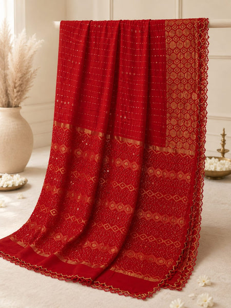 Men's Red Cotton Chanderi Sherwani Dupatta with Golden Woven Border