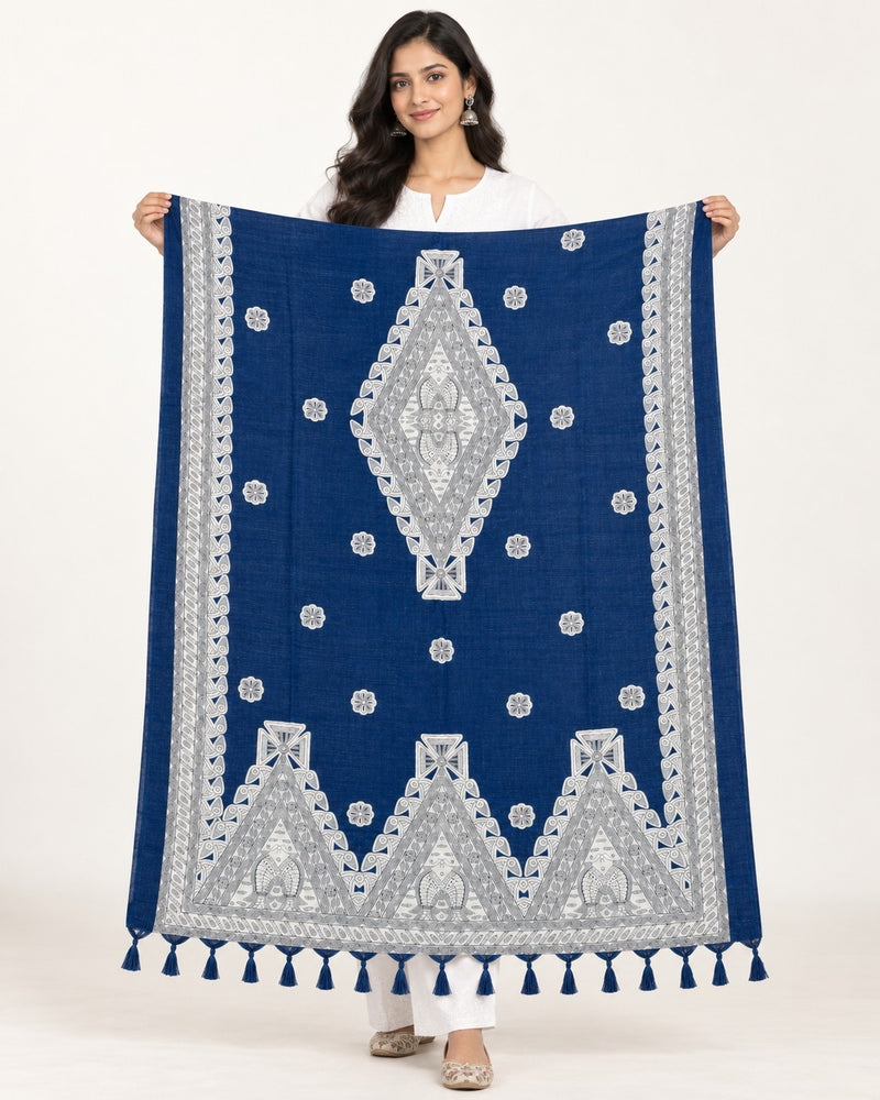 Women’s Blue Art Silk Traditional Printed Dupatta with Contrast Border and Tassels