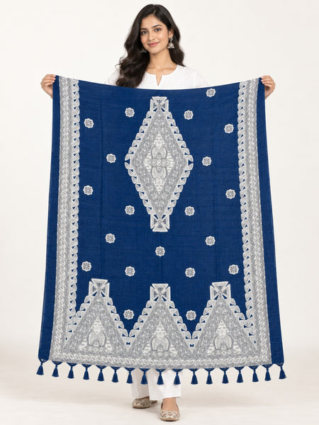 Women’s Blue Art Silk Traditional Printed Dupatta with Contrast Border and Tassels