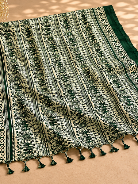 Bottle Green Art Silk Printed Dupatta with Ethnic Elephant Motif Design