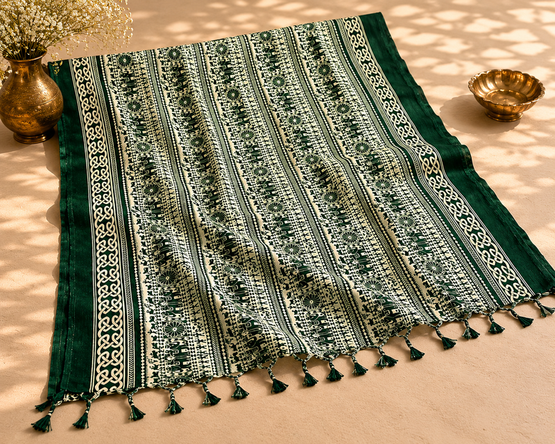 Bottle Green Art Silk Printed Dupatta with Ethnic Elephant Motif Design