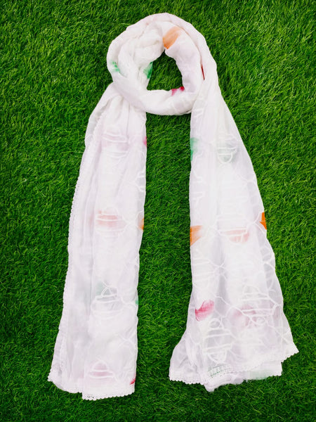 Elegant White Chiffon Thread Work Dupatta with Multicolor Touch – Lightweight Ethnic Scarf for Women & Girls