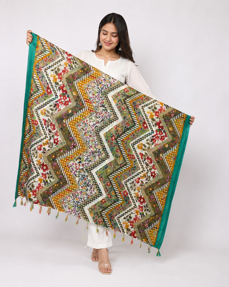Women’s Art Silk Multicolour Floral Geometric Printed Dupatta with Tassels