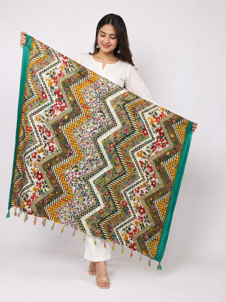 Women’s Art Silk Multicolour Floral Geometric Printed Dupatta with Tassels