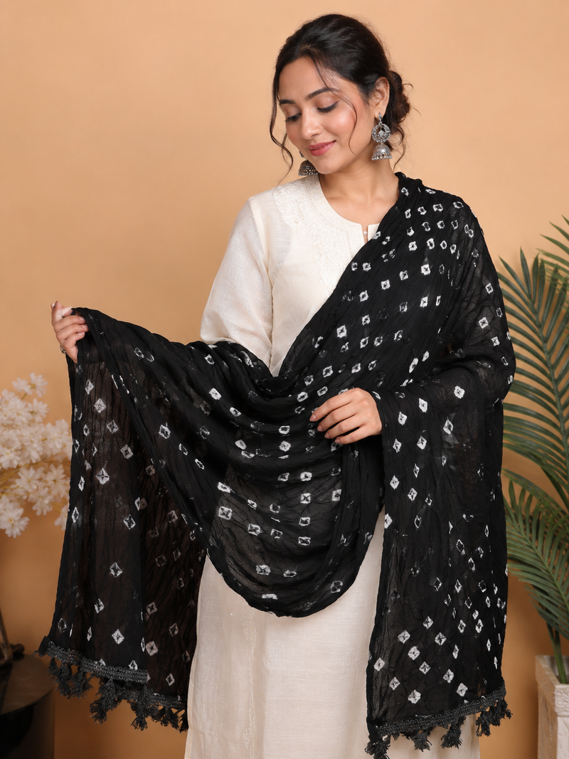 Women’s Black Cotton Chunari Bandhani Printed Dupatta with Tassels
