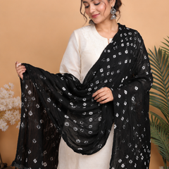 Women’s Black Cotton Chunari Bandhani Printed Dupatta with Tassels