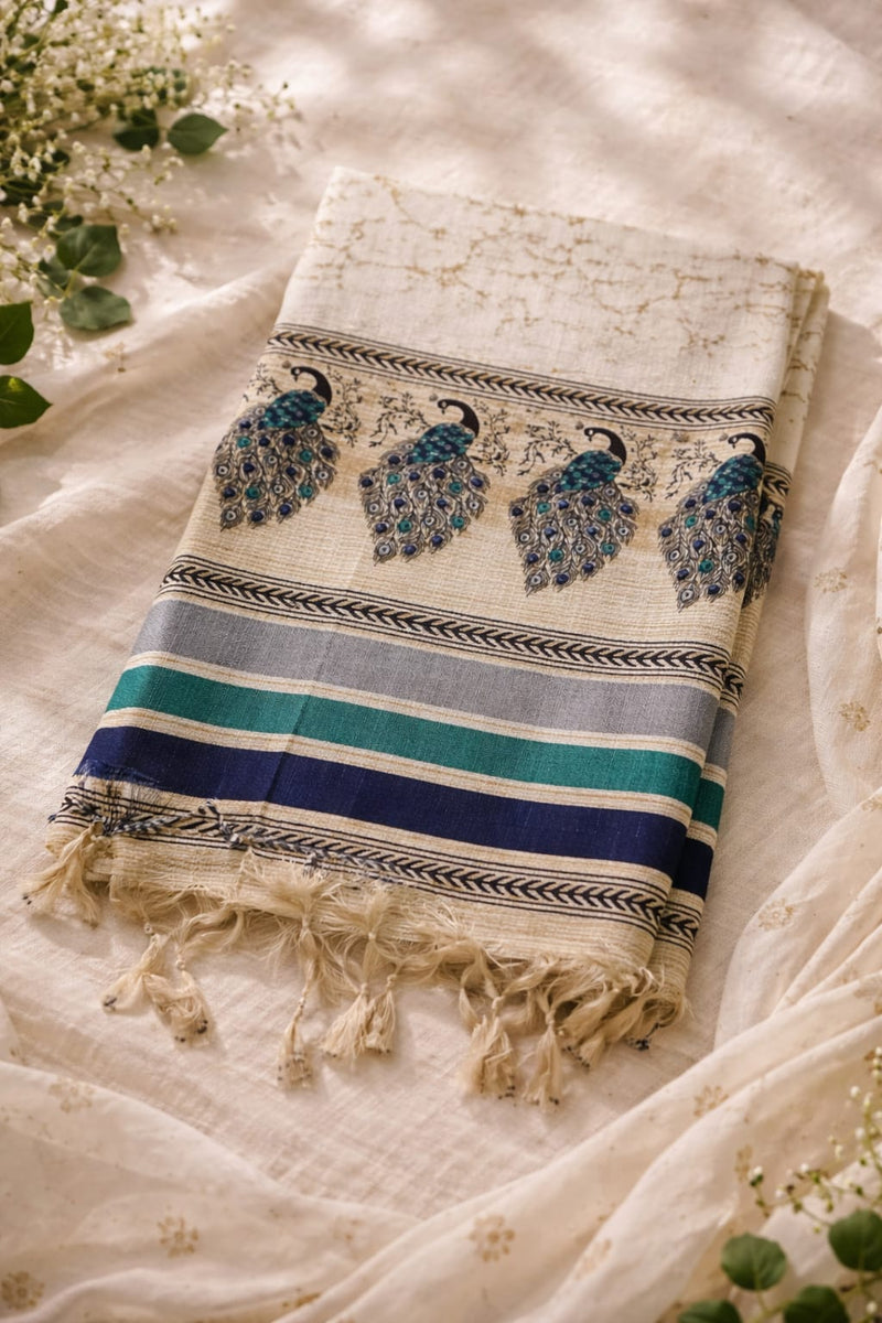 Women's Art Silk Printed Peacock Border Tassel Dupatta