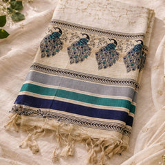 Women's Art Silk Printed Peacock Border Tassel Dupatta