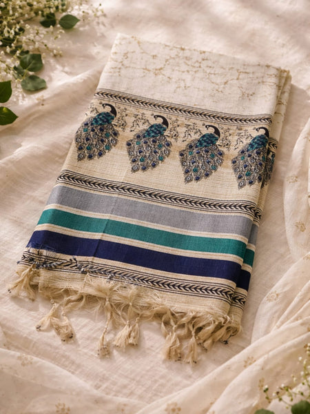 Women's Art Silk Printed Peacock Border Tassel Dupatta