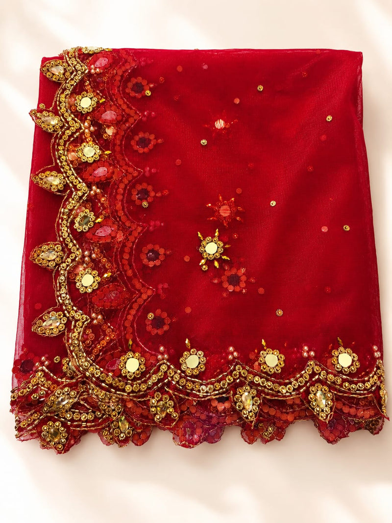 Red Net Cutwork Dupatta for Women