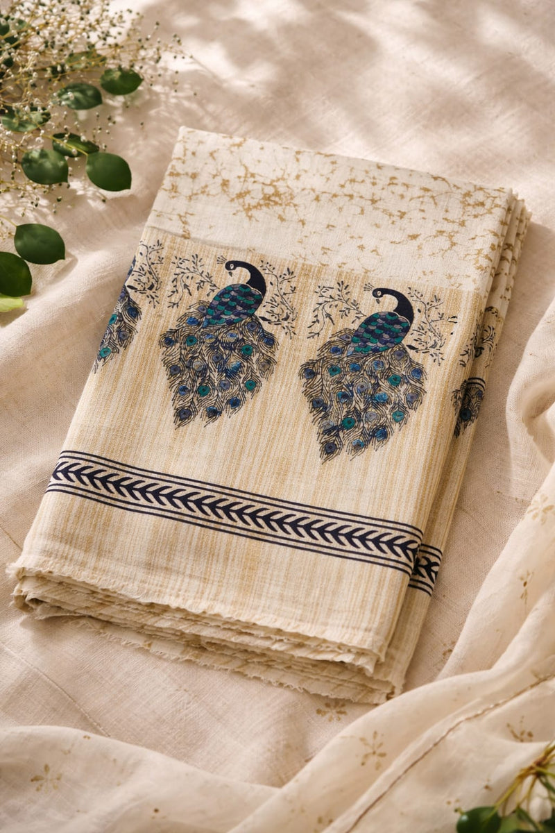Women's Art Silk Printed Peacock Border Tassel Dupatta