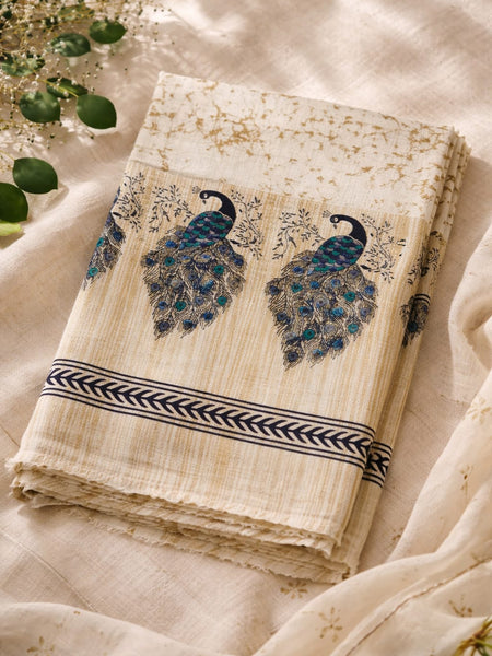 Women's Art Silk Printed Peacock Border Tassel Dupatta