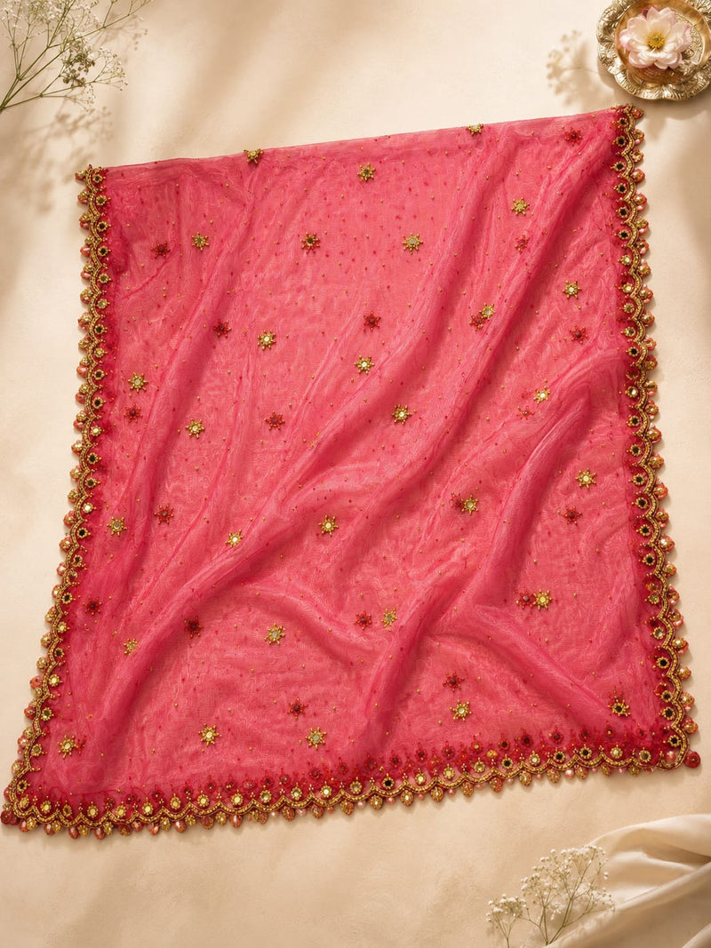 Red Net Cutwork Dupatta for Women