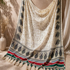 Women's Art Silk Printed Peacock Border Tassel Dupatta