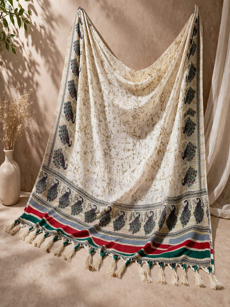 Women's Art Silk Printed Peacock Border Tassel Dupatta