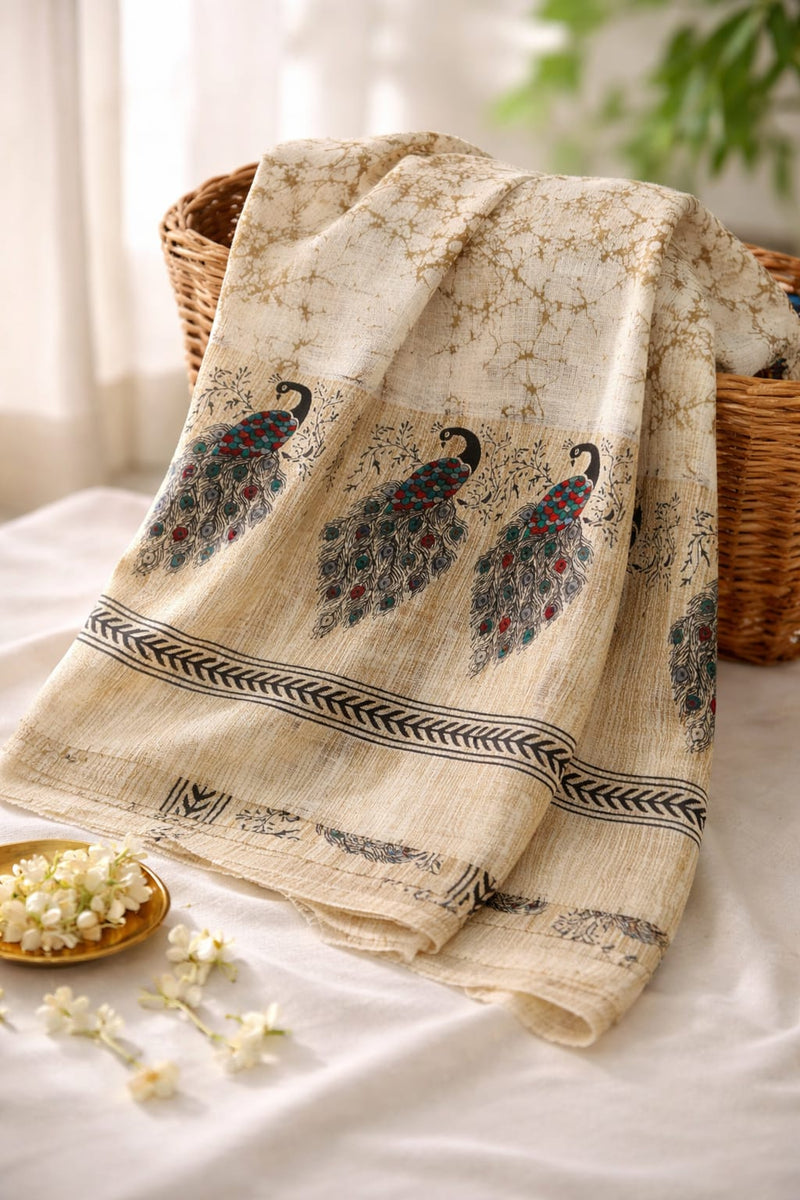 Women's Art Silk Printed Peacock Border Tassel Dupatta