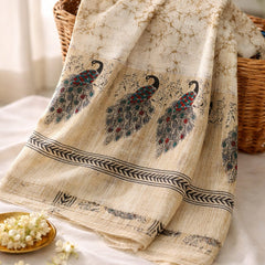 Women's Art Silk Printed Peacock Border Tassel Dupatta
