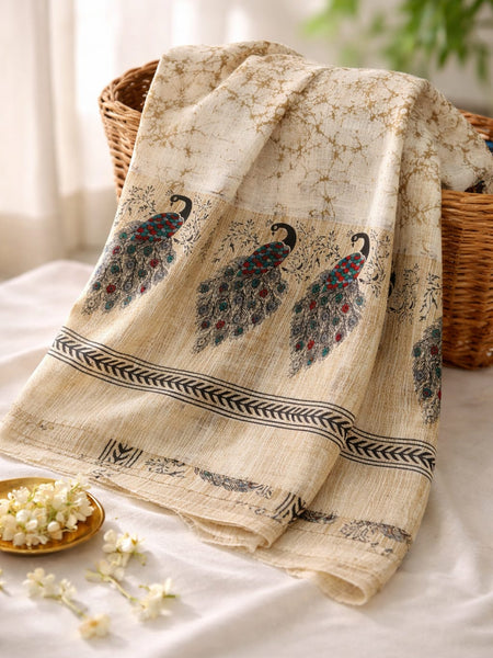 Women's Art Silk Printed Peacock Border Tassel Dupatta