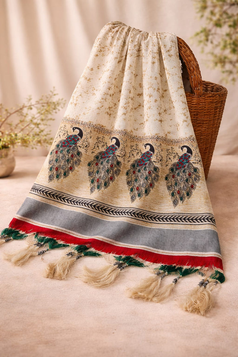 Women's Art Silk Printed Peacock Border Tassel Dupatta