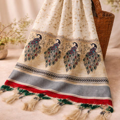 Women's Art Silk Printed Peacock Border Tassel Dupatta
