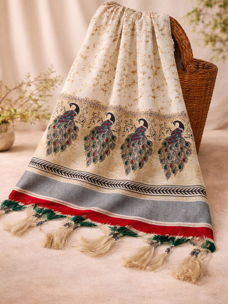 Women's Art Silk Printed Peacock Border Tassel Dupatta