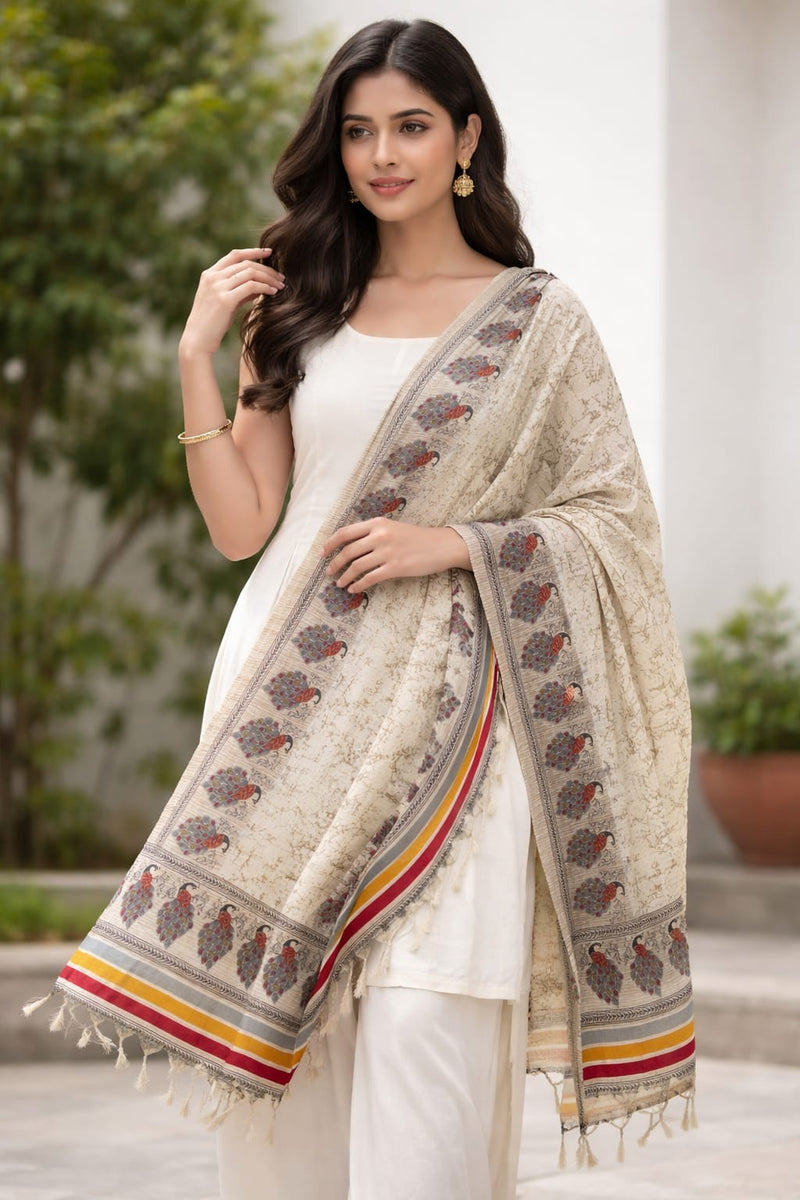 Women's Art Silk Printed Peacock Border Tassel Dupatta