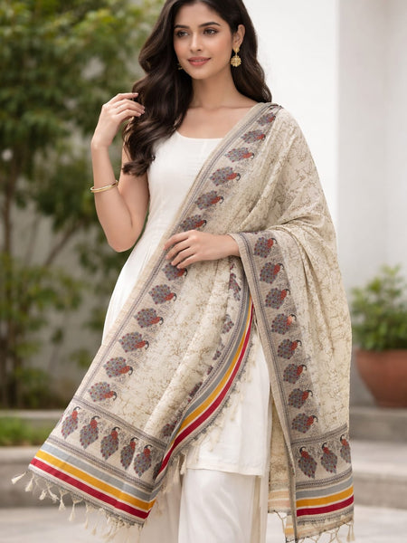 Women's Art Silk Printed Peacock Border Tassel Dupatta