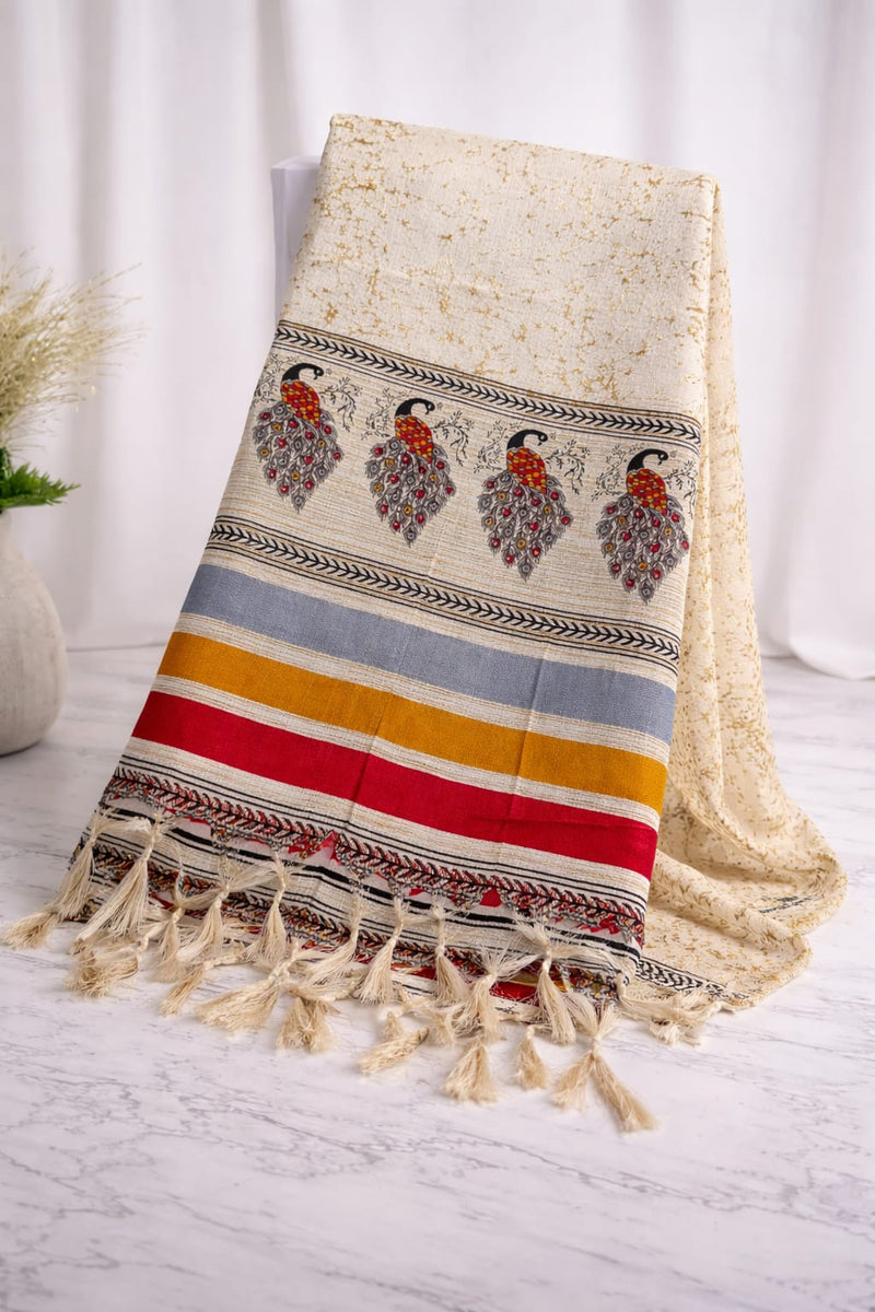 Women's Art Silk Printed Peacock Border Tassel Dupatta