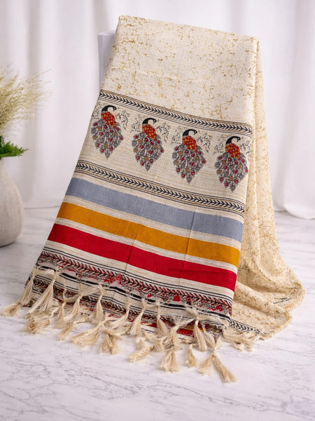 Women's Art Silk Printed Peacock Border Tassel Dupatta
