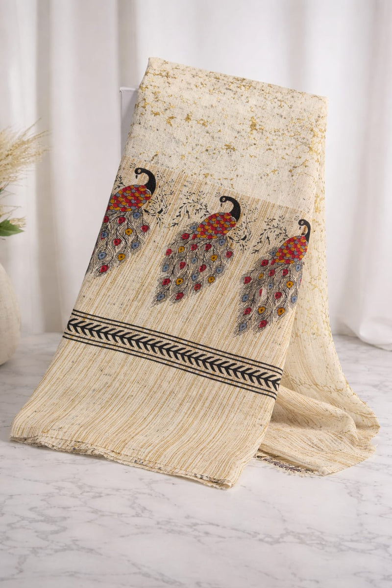 Women's Art Silk Printed Peacock Border Tassel Dupatta