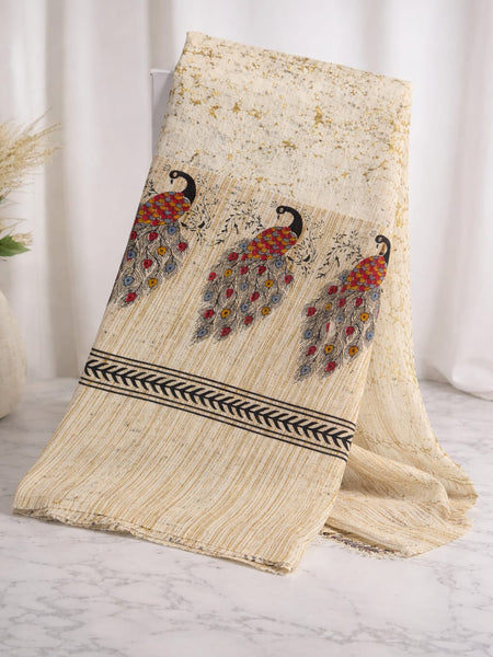 Women's Art Silk Printed Peacock Border Tassel Dupatta