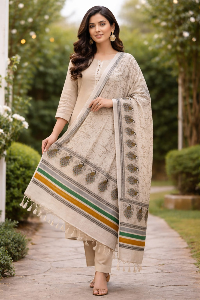 Women's Art Silk Printed Peacock Border Tassel Dupatta