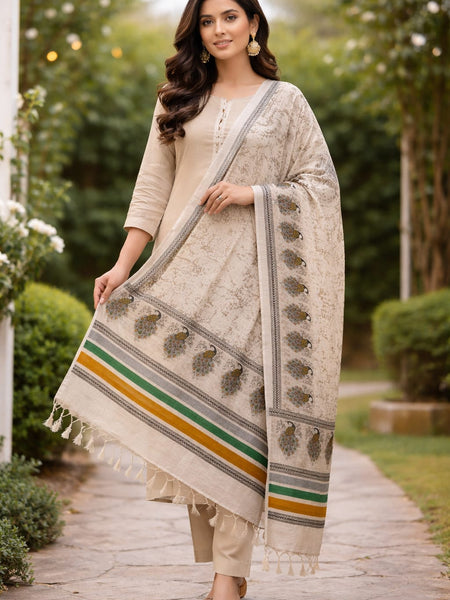 Women's Art Silk Printed Peacock Border Tassel Dupatta
