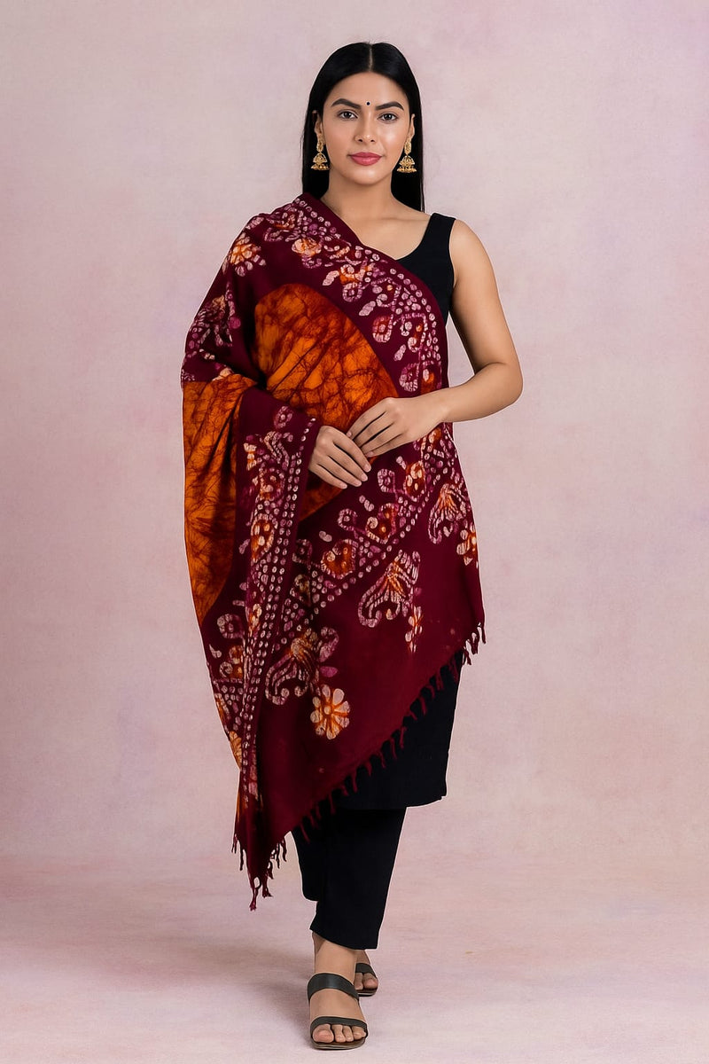 Maroon & Orange Batik Shawl – Soft Cotton Ethnic Wrap