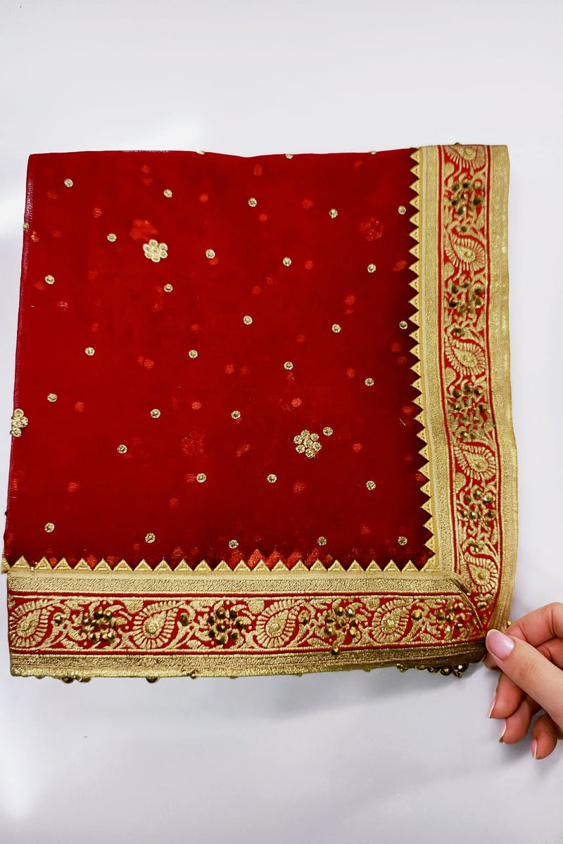 Red Bridal Net Dupatta with Heavy Golden Zari Border & Sequin Buti Work