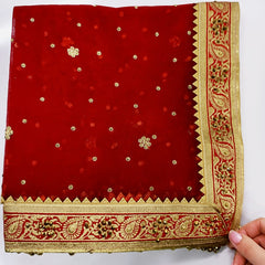 Red Bridal Net Dupatta with Heavy Golden Zari Border & Sequin Buti Work
