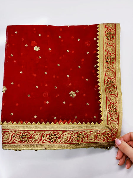 Red Bridal Net Dupatta with Heavy Golden Zari Border & Sequin Buti Work